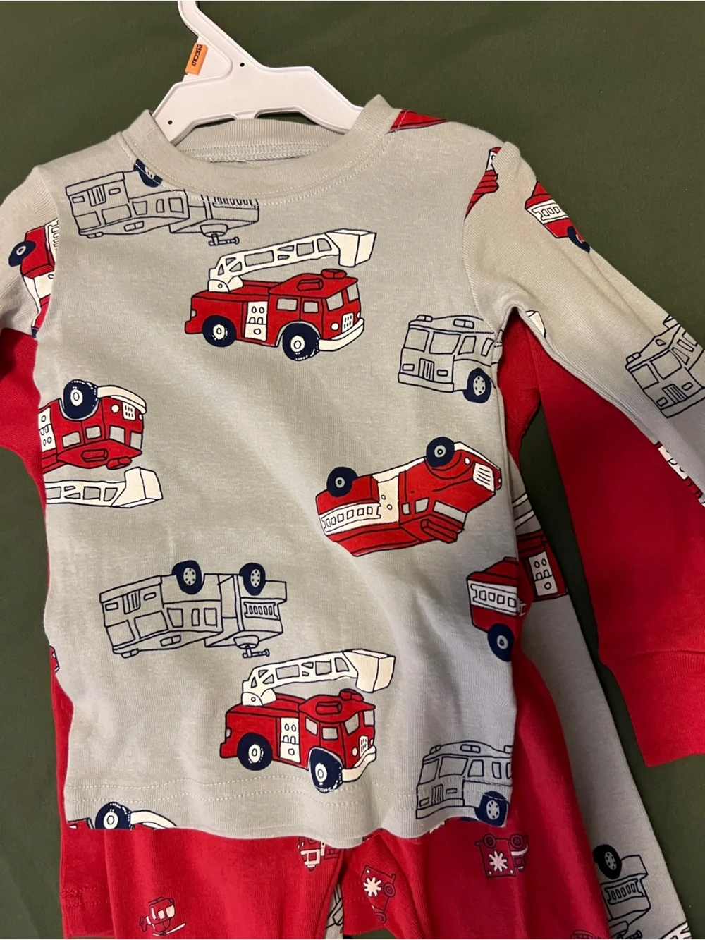 Two Pairs of Carter's Red and Gray Fire Truck Pajama Sets Size 12M.